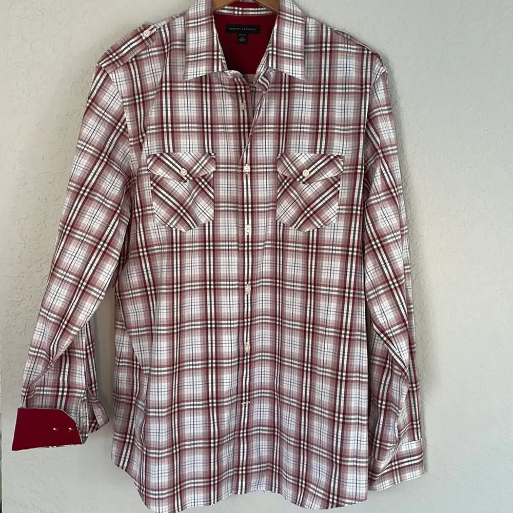 NEW Banana Republic Red Plaid Western Cowboy Button Up Shirt 17-17.5 Fall Farm